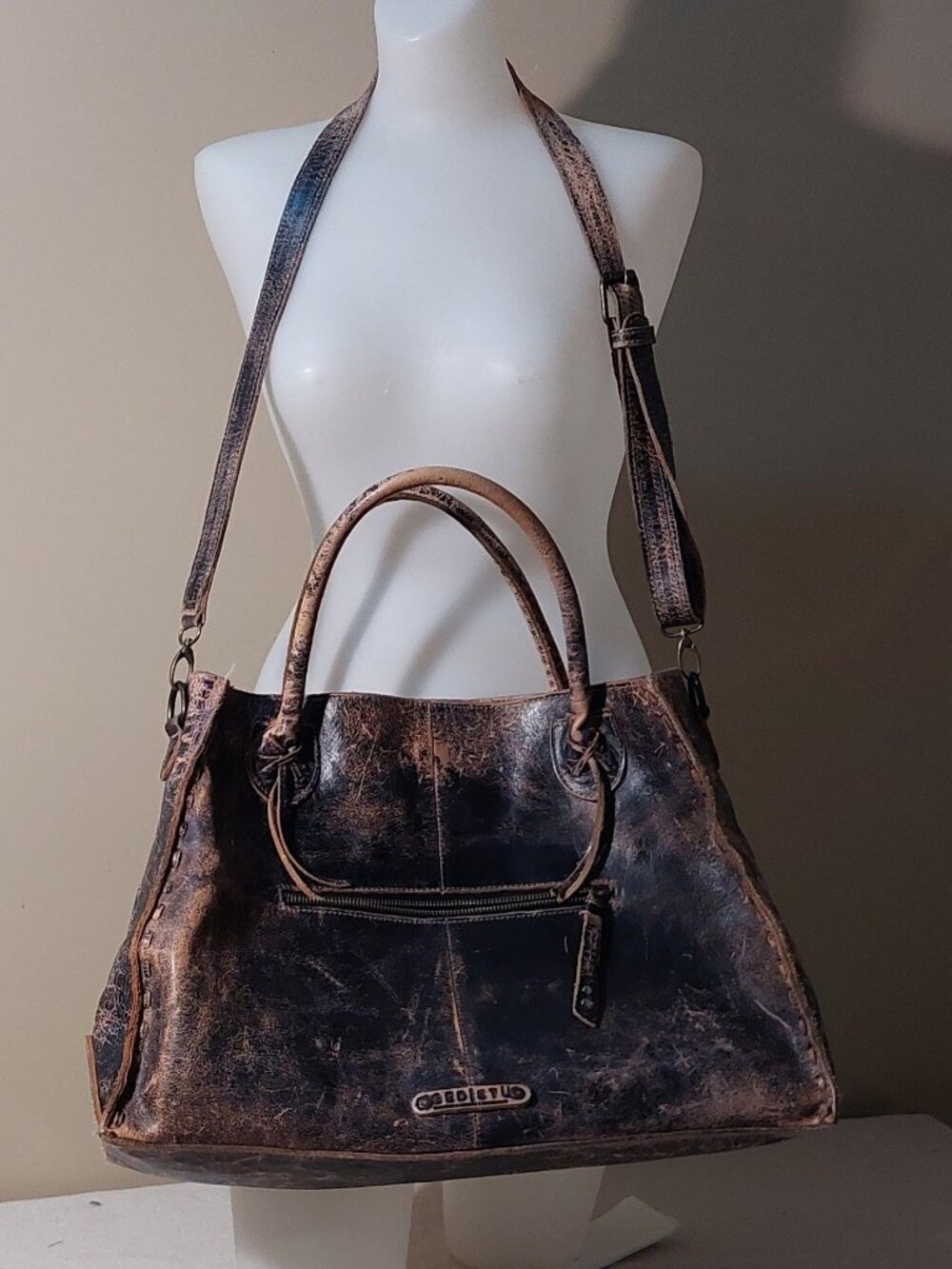 BED|STU Rockaway Brown/Black Lux Distressed Leather Shoulder/Crossbody Tote O/S - Picture 3 of 16